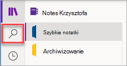 Lokalizacja przycisku Wyszukaj w programie OneNote dla Windows 10.