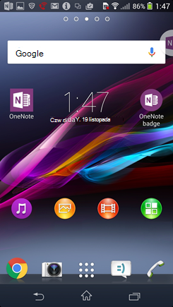 Zrzut ekranu przedstawiający ekran główny systemu Android ze znaczkiem OneNote.