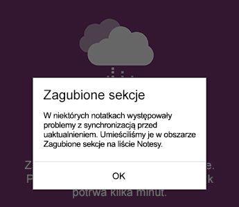 Powiadomienie o zagubionych sekcjach w OneNote dla systemu Android