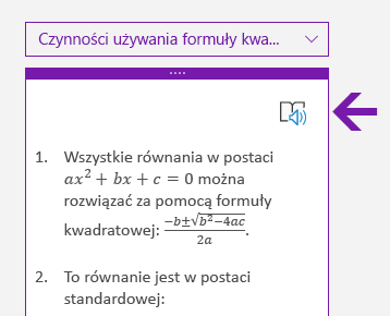 Ikona czytnika immersyjnego w okienku Matematyka w programie OneNote dla systemu Windows 10