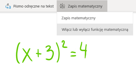 Opcja przycisku Zapis matematyczny w programie OneNote dla systemu Windows 10