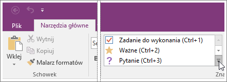 Zrzut ekranu przedstawiający listę znaczników w programie OneNote 2016.