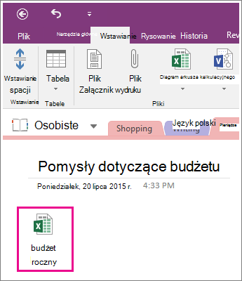 Zrzut ekranu przedstawiający dołączony arkusz kalkulacyjny w programie OneNote 2016.