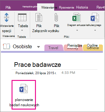 Zrzut ekranu przedstawiający dołączanie pliku programu Visio do strony w programie OneNote 2016.