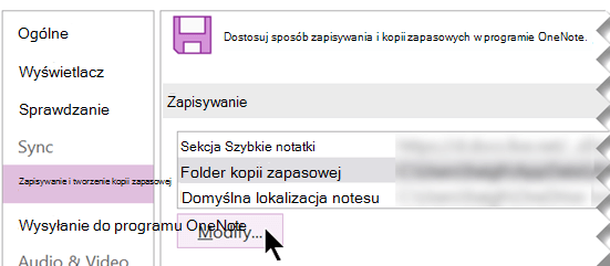 Zrzut ekranu przedstawiający okno dialogowe Opcje programu OneNote umożliwiające utworzenie kopii zapasowej folderu