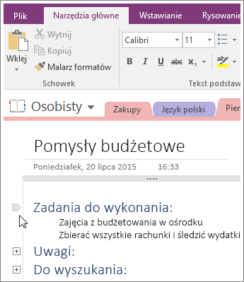 Zrzut ekranu przedstawiający zwijanie konspektu w programie OneNote 2016.
