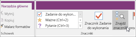 Zrzut ekranu przedstawiający przycisk Znajdź tagi w programie OneNote 2016