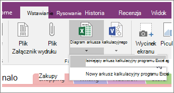 Zrzut ekranu przedstawiający przycisk Wstaw arkusz kalkulacyjny w programie OneNote 2016.
