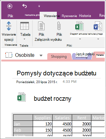 Zrzut ekranu przedstawiający osadzony arkusz kalkulacyjny w programie OneNote 2016.