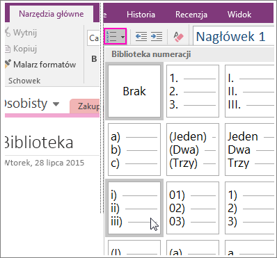 Zrzut ekranu przedstawiający dodawanie numeracji do strony w programie OneNote 2016.