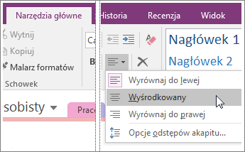 Zrzut ekranu przedstawiający przycisk Wyrównanie akapitu w programie OneNote 2016.