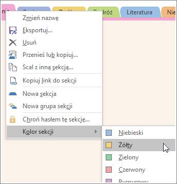 Screenshot of how to change a section color in OneNote 2016.