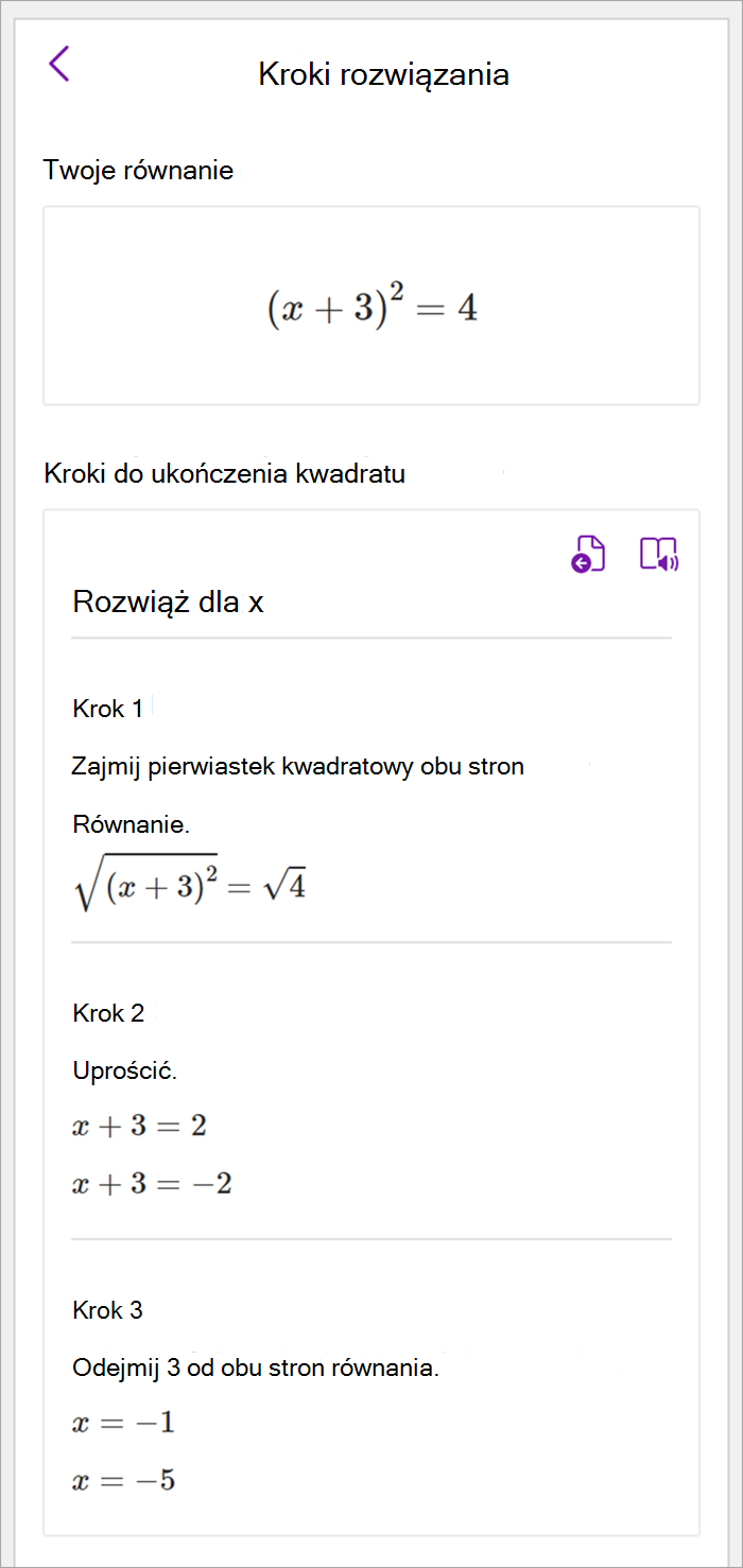Zrzut ekranu przedstawiający okienko matematyczne na pulpicie programu OneNote. Przedstawiono kroki rozwiązania w celu wykonania procedury kwadratowej dla argumentu x.