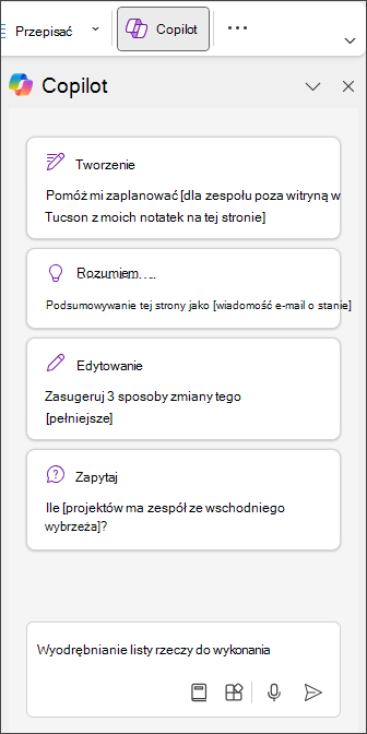 Wpisywanie tekstu Wyodrębnij listę zadań do wykonania w okienku Copilot w programie OneNote