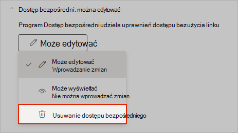 Zrzut ekranu programu OneNote przedstawiający sposób usuwania bezpośredniego dostępu do udostępniania