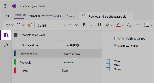 Widok interfejsu użytkownika sieci Web programu OneNote przedstawiający obszar zawartości