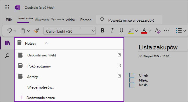 Zrzut ekranu przykładowej listy rozwijanej notesów w programie OneNote