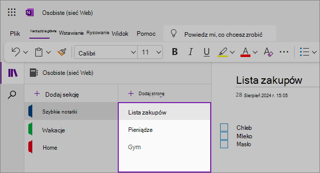 Wyświetl interfejs użytkownika programu OneNote pokazujący obszar zawartości