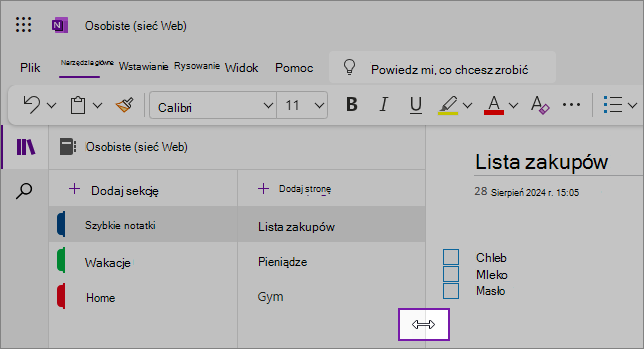 Zrzuty ekranu pokazujące, jak zmienić rozmiar okienek nawigacji programu OneNote