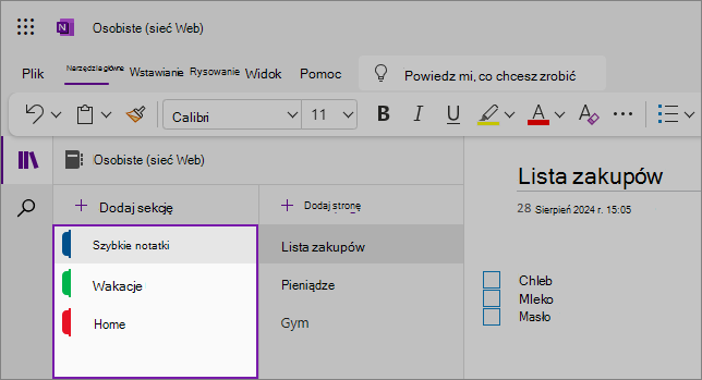 Wyświetl interfejs użytkownika programu OneNote pokazujący obszar zawartości