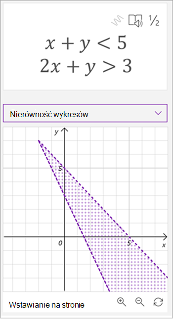 zrzut ekranu przedstawiający wykres matematyczny asystent wygenerowany dla równań x plus y jest mniejszy niż 5, 2x plus y jest większy niż 3, obie linie są kreślone, a obszar między nimi jest cieniowany
