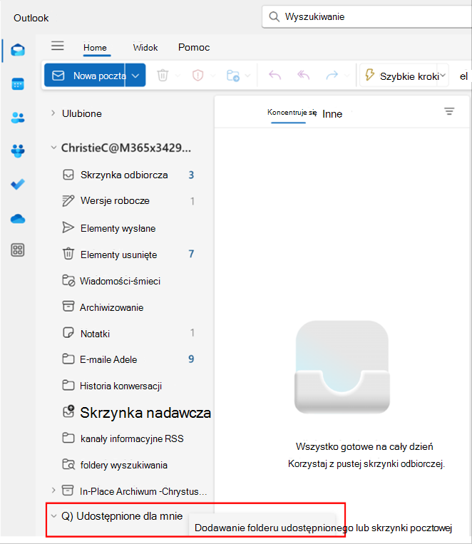 Zrzut ekranu przedstawiający wyskakujące okienko w programie Outlook umożliwiające dodanie udostępnionego folderu lub skrzynki pocztowej