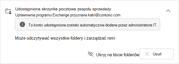 Karta udostępnionej skrzynki pocztowej zamapowana automatycznie