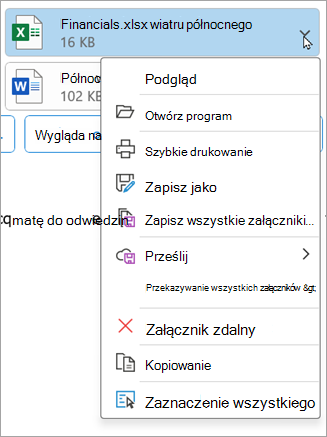 W nowszych wersjach klasycznego programu Outlook wybierz strzałkę w dół obok załącznika, a następnie wybierz pozycję Usuń załącznik.