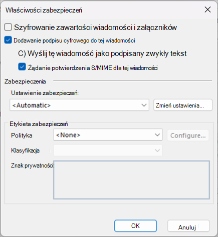 Zaznacz pola wyboru obok pozycji Dodaj podpis cyfrowy do tej wiadomości i poproś o potwierdzenie S/MIME dla tej wiadomości