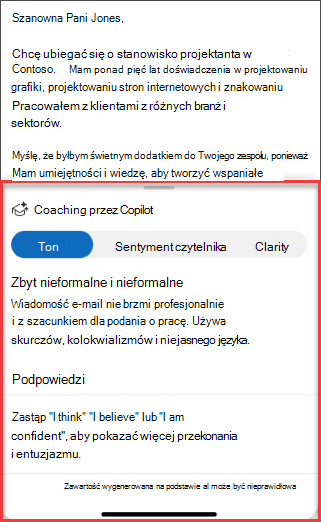 Sugestie dotyczące tonu, przejrzystości i nastroju czytelnika w programie Outlook dla urządzeń przenośnych