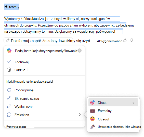 Wybierz opcje zachowania, odrzucenia, ponownego wygenerowania lub zmiany tonu i długości