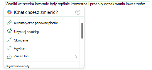Zaznaczony tekst w wiadomości e-mail i rozwinięte menu Copilot wyświetlają opcje dotyczące tego, co można zrobić z tym tekstem.