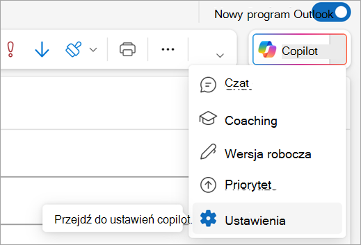 Pokazuje opcję Ustawienia w menu Copilot w prawym górnym rogu programu Outlook.