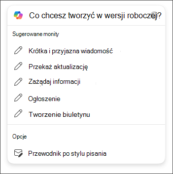Opcje długości i tonu do wyboru podczas tworzenia wersji roboczych wiadomości e-mail w programie Outlook za pomocą funkcji Copilot