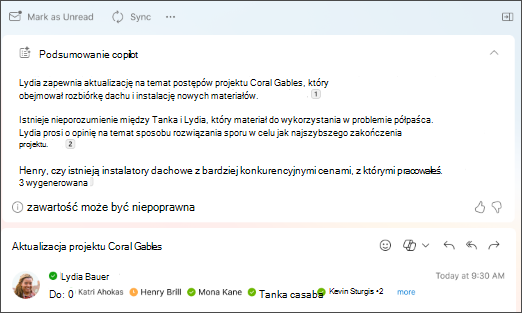 Podsumowanie wątku wiadomości e-mail z cytatami utworzone przez funkcję Copilot