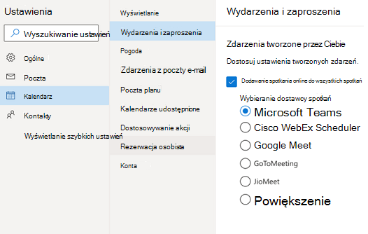 Outlook w sieci Web — wybierz domyślnego dostawcę spotkań online