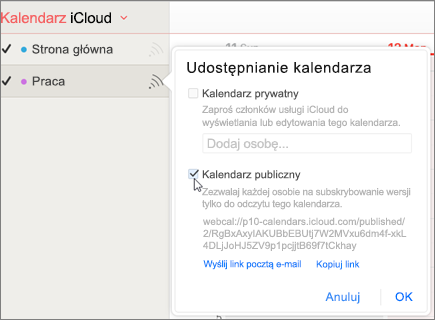 Ustawienia kalendarza publicznego w usłudze iCloud