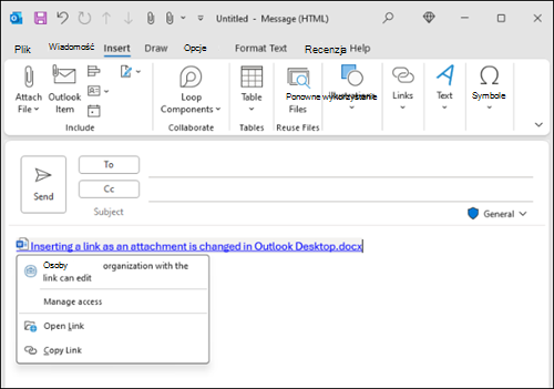 Wstawianie nowego środowiska łączenia w programie Outlook