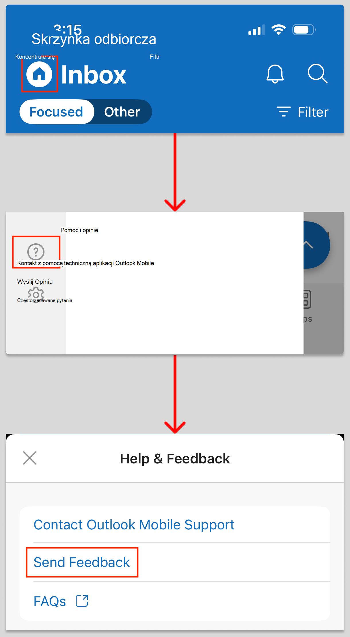 Na tym obrazie przedstawiono, jak uzyskać dostęp do funkcji Wyślij opinię w aplikacji Outlook dla systemu iOS.