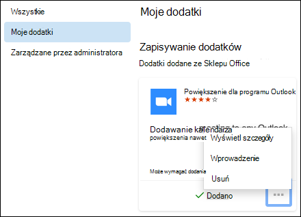 Menu Moje dodatki w Outlook dla komputerów Mac.