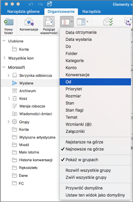 Sortuj pocztę na różne sposoby, klikając pozycję Organizuj > rozmieszczanie według > i wybierając z listy opcji