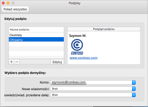 Strona Podpisy w oknie dialogowym Preferencje w programie Outlook