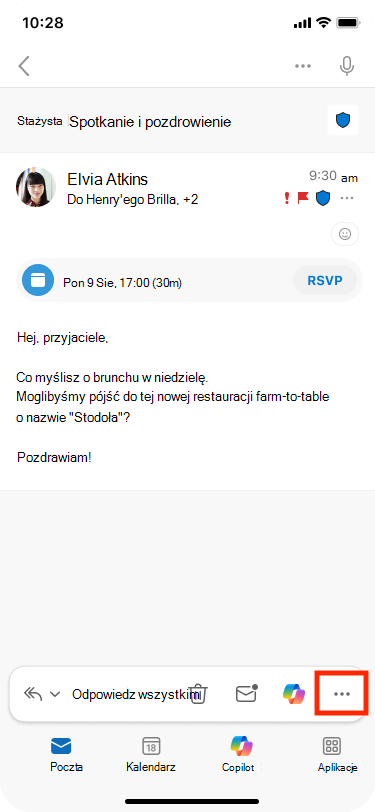 Pozycja Więcej akcji znajduje się w prawym dolnym rogu paska narzędzi