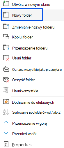 Zrzut ekranu przedstawiający wybór nowego folderu w okienku nawigacji klasycznego programu Outlook.