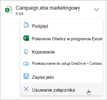 Wybierz strzałkę w dół obok załącznika, a następnie wybierz pozycję Usuń załącznik