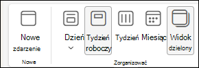Zrzut ekranu przedstawiający widok Calendar z wybraną opcją Widok dzielony