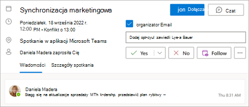 Zrzut ekranu przedstawiający opcję Obserwowanie spotkania