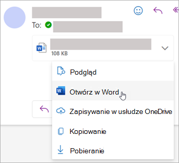 Zrzut ekranu przedstawiający listę rozwijaną umożliwiającą otwarcie załącznika w Word