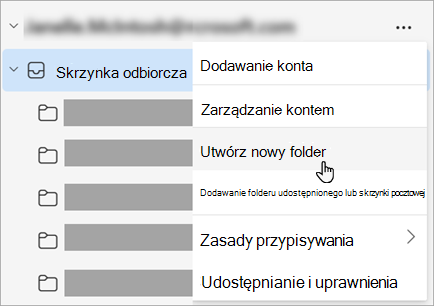 Zrzut ekranu przedstawiający wybraną pozycję Utwórz nowy folder w menu Więcej opcji w okienku folderów