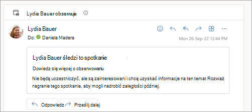 Zrzut ekranu przedstawiający odpowiedź e-mail obserwowaną przez uczestnika spotkania